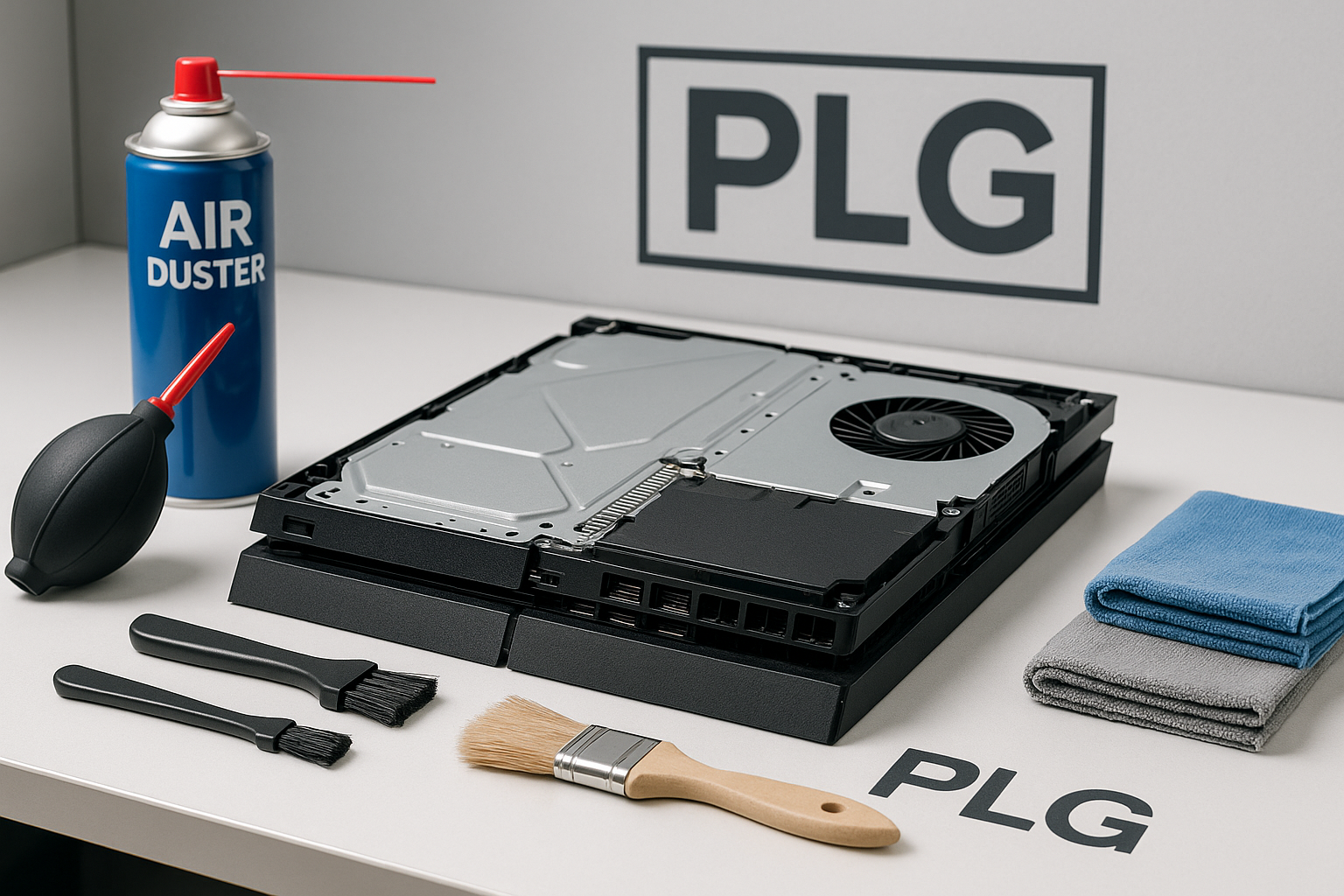 PLG we clean PS4 and other consoles do me an image of a console being clean / repaired with the PLG logo in 